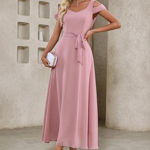 <span class=keywords><strong>Robe</strong></span> d'été décontractée pour femmes en mousseline de soie rose Maxi Dress Breathable Pure Polyester High Waisted Solid Color A-Line Long Belted Tie - Product Image 2