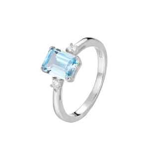 Wholesale Sterling 925 Silver Emerald Cut Blue Topaz Engagement Ring Charm Jewelry Gifts