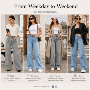 Jeans a Vita Alta e Gamba Larga per Donna, Pantaloni in Denim Vestibilità Comoda, Effetto Stonewashed, Lunghezza Intera, Stile Casual Primaverile in Cotone - Product Image 5