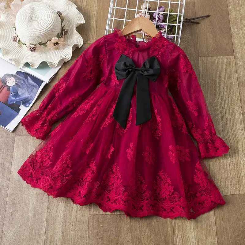 YGS22 Kids Long Sleeve Lace Dresses for Girls Party Dress Star Printed Birthday Tutu Dresses Children Casual Wear