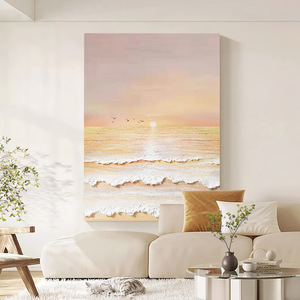 Peinture à l'huile peinte à la main, paysage de plage au lever du soleil, art moderne minimaliste, décoration murale sans cadre, effet visuel 3D, salon - Product Image 1