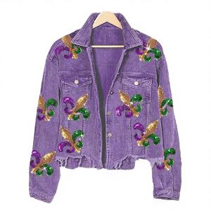 Mardi Gras Floral Eco-Friendly Women's Short Autumn Coat Casual Punk Style <b>Sequins</b> Single Breasted Crocheted Flannel Custom Logo - Product Image 2