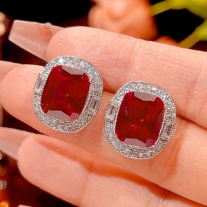 Hot Selling Eco-friendly Copper 12*16/10*12MM Red Zircon Square Necklace <b>Earrings</b> Ring Jewelry Sets for Wedding Bridal Party - Product Image 5