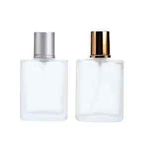 Free samples luxury 30ml 50ml 100ml frosted oblate shape glass mist spray perfume bottle with silver aluminum cap