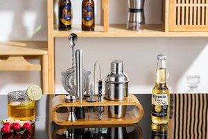 10Pcs Piece Black Cocktail Shaker Set Home Bartending Kit For Drink Mixing Stainless Steel Bar Tools With Wooden Stand Elegant