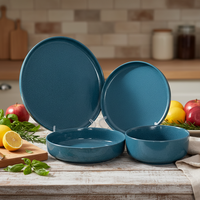 Ensemble de 4 bols et assiettes en céramique classique émaillée verte de luxe, résistants à la chaleur, compatibles four, micro-ondes et lave-vaisselle