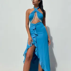 2023 Women Sleeveless Halter Rhinestone Beaded Crop Top Long High Split White Blue Backless Sexy Y2K Club Party Beach Silk Dress