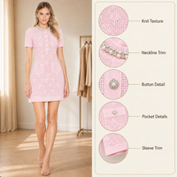 Nouvelle Collection Été 2026 - Robe en Maille Rose Amincissante à Motif Nœuds et Découpes, Coupe Trapèze pour Femme