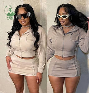 Schattige tweedelige roksets dames outfits mode ritszak lange mouw cropped top en hoge taille rokken voor dames kleding - Product Image 1