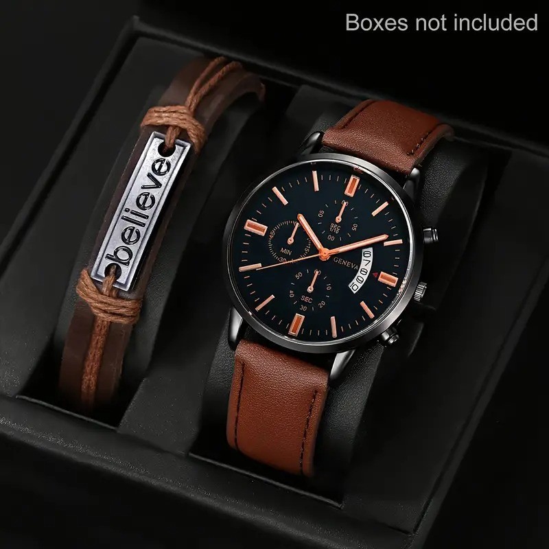 Montre à cadran en cuir marron T3508 + bracelet (sans boîte)