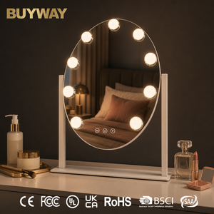 나무 타원형 화장 거울용 흰색 9 LED 전구 조명 40cm 360도 회전 디밍 가능 터치 센서 - Product Image 1