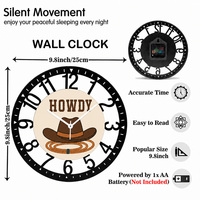 Horloge en fer forgé avec motif chapeau de cowboy western et lasso, impression UV sur bois, pour cabane, ranch, maison, cadeau
