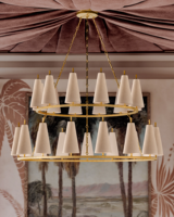 Lustre suspendu moderne à 2 niveaux en laiton pour hôtel, restaurant, maison, avec abat-jour en tissu rond doré