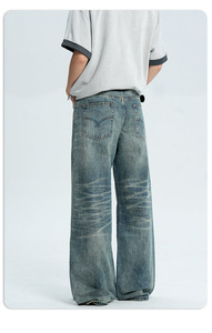 <span class=keywords><strong>Jeans</strong></span> de mezclilla vintage americanos azul cian de cintura media, lavado medio, de pierna recta, para <span class=keywords><strong>hombre</strong></span> y mujer, con patrón de slub, holgados y anchos, para verano e invierno. - Product Image 4