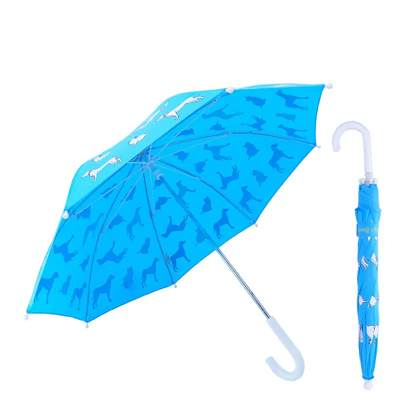 Parapluie pour enfant avec poignée en plastique, couleur bleue, motif de chat, chien, dessin animé, ouverture manuelle, fermeture, coupe-vent, sécurité, changement de couleur