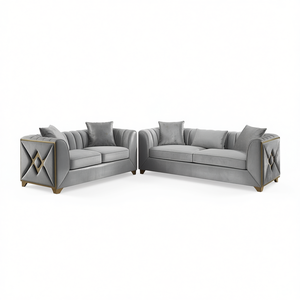 Set Divano Moderno Velencia in 2 Pezzi, Set Divani in Tessuto Argento per Soggiorno - Product Image 1