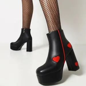 Botines con estampado de forma de corazón para mujer, botas de invierno de tacón alto grueso con cremallera y punta cuadrada, talla grande 43