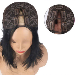 Perruque Bob <span class=keywords><strong>V</strong></span>-Part en cheveux humains ondulés de 8 à 14 pouces, avec mécanisme en <span class=keywords><strong>V</strong></span> transfrontalier euro-américain et bonnet, noire - Product Image 3