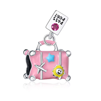 Mode Voyage Thème Bijoux 925 Sterling Silver Rose Émail Valise Perle Charmes