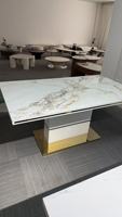Ensemble de Table et Chaises Design Nordique Moderne en Acier Inoxydable et Cuir PU, 6 Places, Table de Salle à Manger Rectangulaire en Marbre pour Restaurant