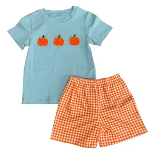 Wholesale Smocked Pumpkin Boy Orange Short Set Custom Logo Kids Fall Clothing Halloween Boys Pumpkins Applique Boutique Outfit