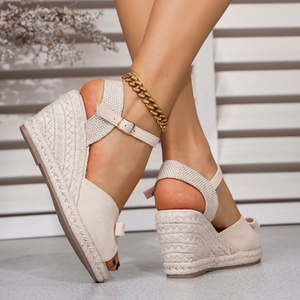 Sandales compensées à bout ouvert en paille avec nœud, respirantes, à bride arrière à boucle, pour femme, été - Product Image 4