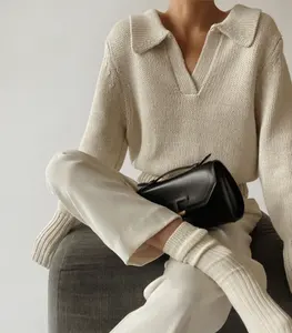 Sweater Rajut Wanita Leher Polo, Atasan Sweater Perempuan Mode Tinggi, Sweater Rajut Datar Wanita
