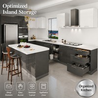 Armário de Cozinha Moderno em Aço Inoxidável Cinza e Branco, Ilha de Alto Brilho, Armários Modulares Personalizados com Pia de Mármore em Cascata, Móveis B2B