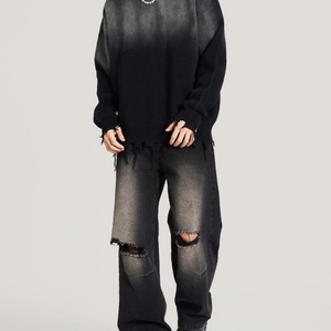 Round Neck Distressed Spring Fringe Print 100% Cotton Oversized <b>Fleece</b> <b>Sweater</b> Custom Logo Washed Men's Wholesale - Product Image 2