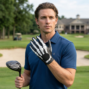 Guantes de Golf Unisex de Alta Calidad, Nuevo Diseño, Deportes al Aire Libre, Diseño de Esqueleto Impreso, Cuero Genuino Negro, Antideslizantes, con Velcro - Product Image 1
