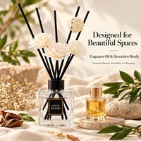 Diffuseur de parfum d'intérieur à bâtonnets en fibre noire, décor floral blanc, en bouteille carrée en verre de 150 ml, sans alcool, marque distributeur