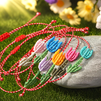 Gelang Rajut Bohemia Buatan Tangan dengan Bordir Tulip Merah, Tali Macrame, Dapat Disesuaikan, Perhiasan Keberuntungan untuk Wanita