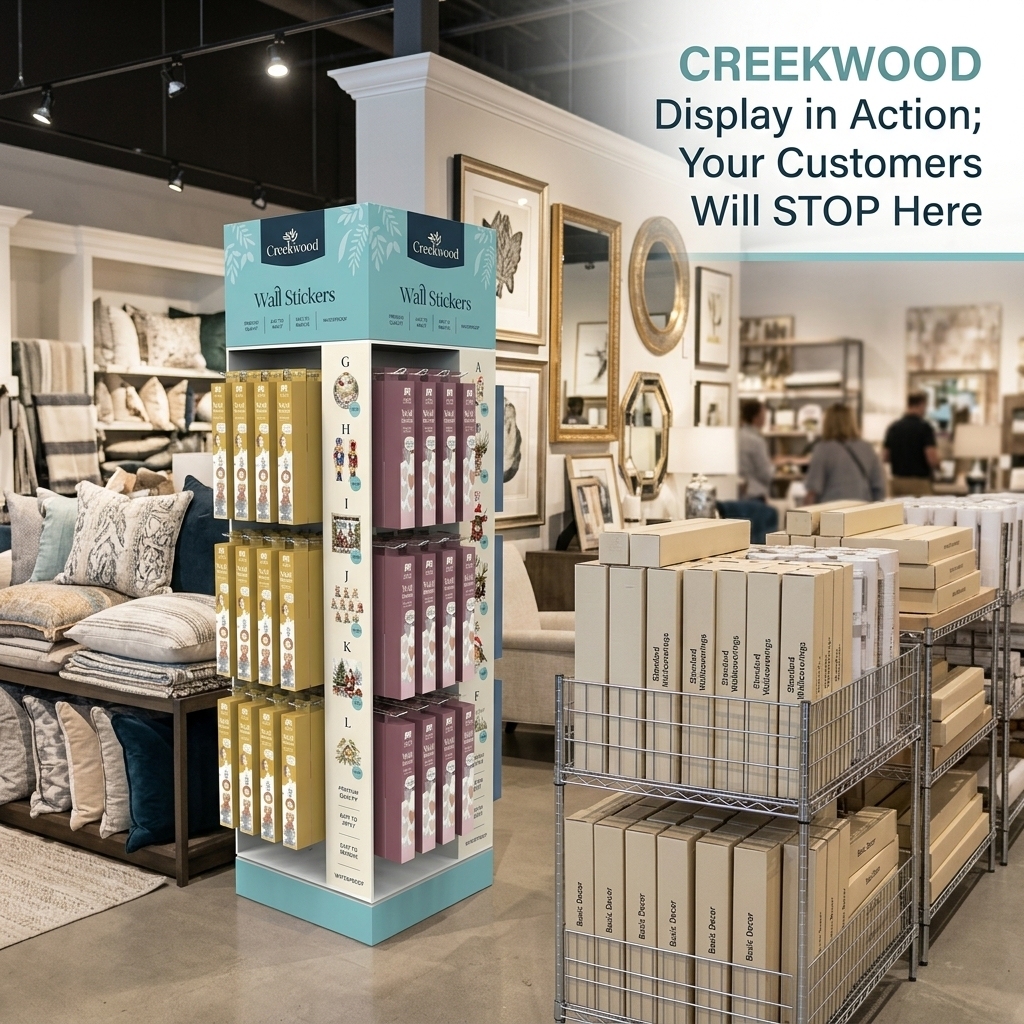 Wholesale Custom 4 Side PVC Wall Sticker Display Stand Floor Standing Wallpaper Box Rack Retail Shop DIY Home Decor Shelf OEMODM — view 2