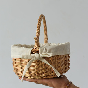 <b>Mini</b> Rattan Storage Basket Oval S Size <b>Canvas</b> Lined Handheld Craft Basket - Product Image 1