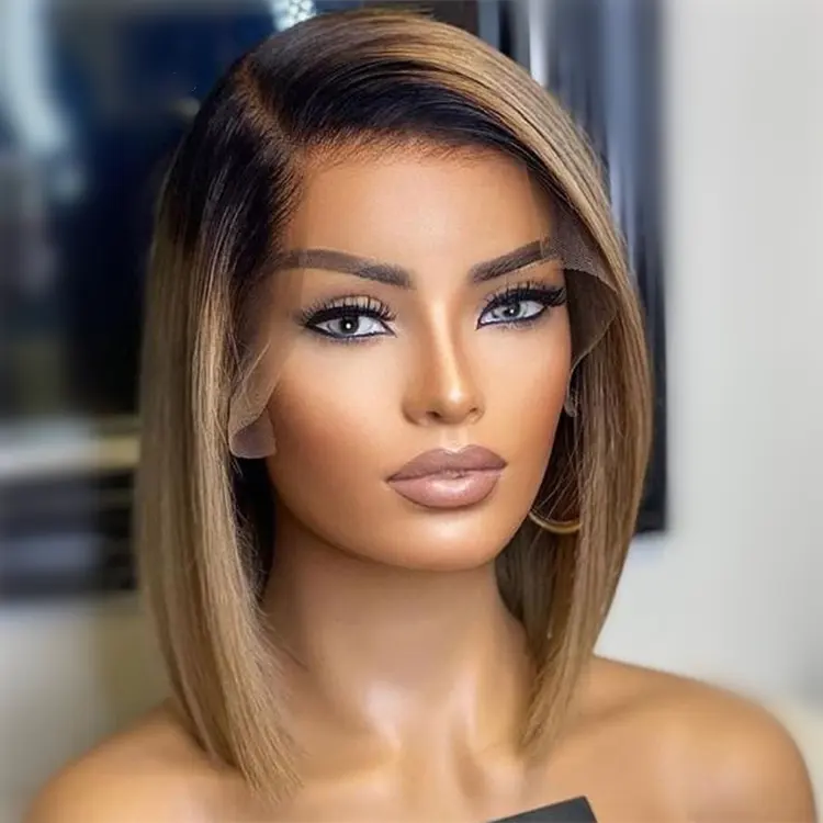 #1b Brown Colored Short Bob Pixie Cut Human Hair Wigs For Women 150 Density Ombre Blonde Brazilian Remy Hair Lace Front Bob Wigs
