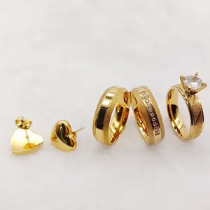 Grosir desainer setia Love janji pernikahan cincin tunangan anting-anting 24k set perhiasan berlapis emas untuk pria dan wanita