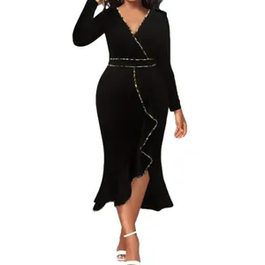 Plus Size Women's Contrast Trim Slim Dress Elegant Ladies Black Surplice Neck Long Sleeve Maxi Knitted Dresses