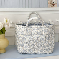 Panier de rangement moderne en polyester rose et bleu à fleurs, avec poignée, grande capacité, pliable, portable, pour vêtements et linge, pour la maison