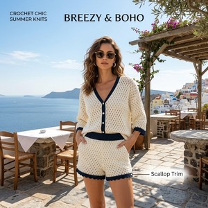 Ensemble décontracté pour fille avec pull fin anti-plis à col en V en acrylique/coton à ourlet festonné, <span class=keywords><strong>gilet</strong></span> et short - Product Image 1