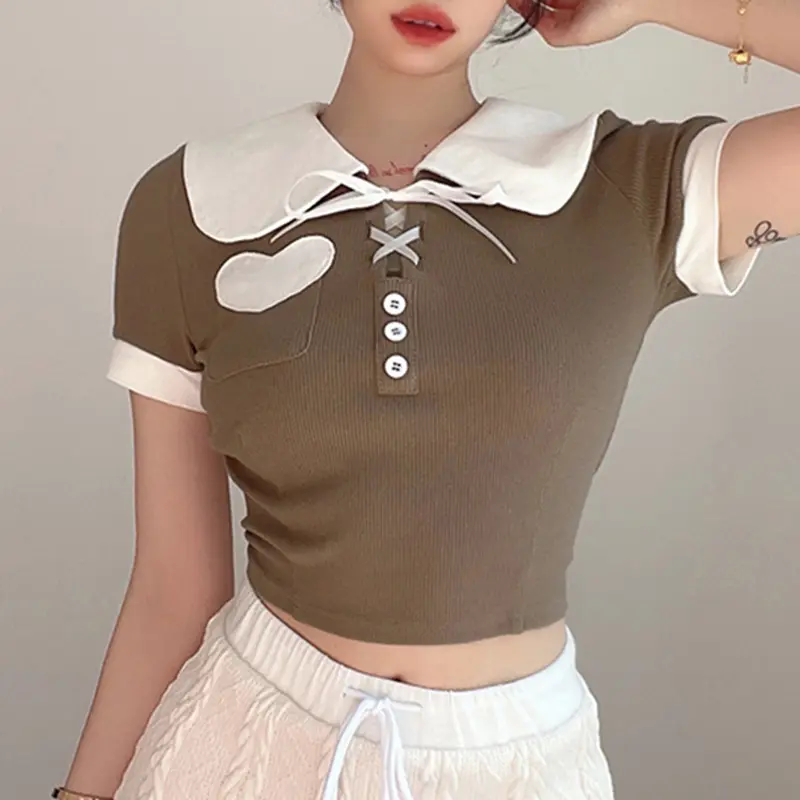 2022 Simple cute girls and dolls lapel color matching heart-shaped short slimmingTT-shirt new lace-up waist-controlled top