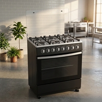Cuisinière à gaz autonome 6 brûleurs avec four, en acier inoxydable, avec couvercle en verre pour cuisine domestique