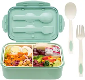 3 compartments plastic bento box reusable pp plastic tiffin box kids lunch box with cutlery