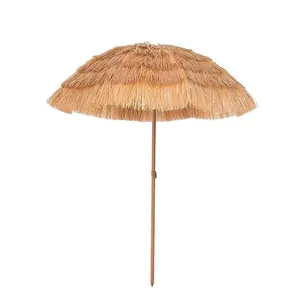 Système à manivelle ouverte 10 pieds Parapluies de plage, parapluies Hula en chaume Parapluies parasol en paille de style rétro naturel/