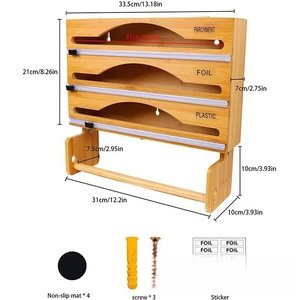 Bamboo Wall Mounted Storage Box <b>Kitchen</b> Cling Film Holder With Cutter For Food Wrap Plastic Foil Parchment <b>Paper</b> Organizer - Product Image 4