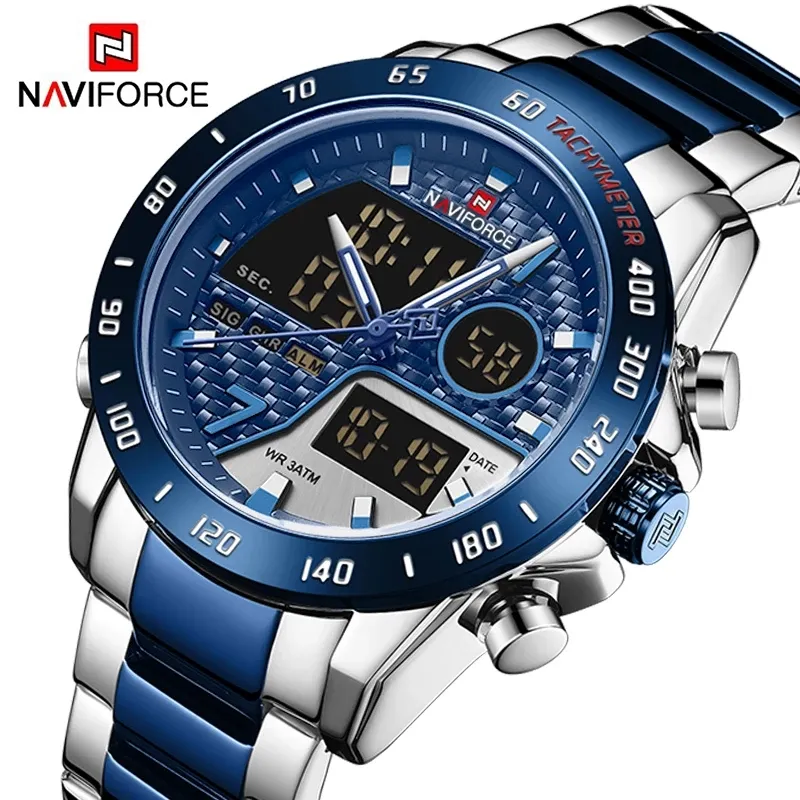 Relogio Naviforce 9171 Brand Men's Wrist Watch Digital Sport Watches For Man Steel Strap Quartz Clock Male Relogio Masculino