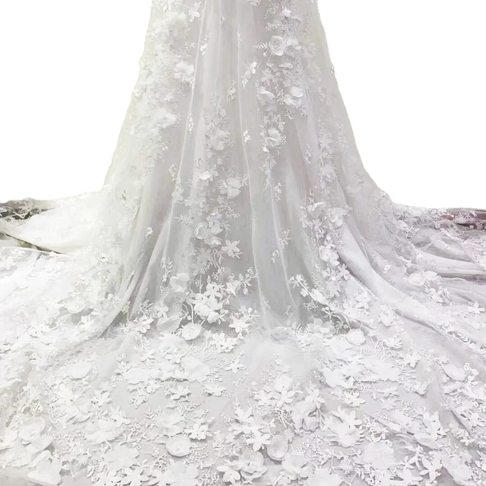 De malla bordado de cuentas Flor de uñas blanco con cuentas bordado tela de encaje de novia