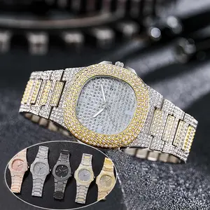 Atacado Hip Hop Iced Out 2 Tone Diamond Watch Luxo Full Crystal Rhinestone Bling Quartz Relógios de pulso para homens