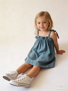 Vestito Estivo Personalizzato per Bambine in <span class=keywords><strong>Mussola</strong></span> 100% <span class=keywords><strong>Cotone</strong></span> con Bretelle e Volant sul Busto - Product Image 4