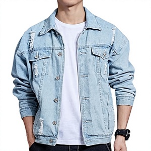 Chaqueta vaquera azul claro para hombre, estilo casual, con botones frontales, desgastada, de color liso, corte holgado, transpirable, ecológica, para invierno, con efecto ácido. - Product Image 1