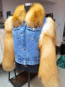 Nuova Giacca Corta Trendy da <span class=keywords><strong>Donna</strong></span> in Denim con Pelliccia, Maniche e Colletto in Pelliccia - Product Image 2